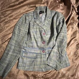 Vintage Sag Harbor Women’s Pastel Tweed Jacket Blazer Suit size 12 In blue green